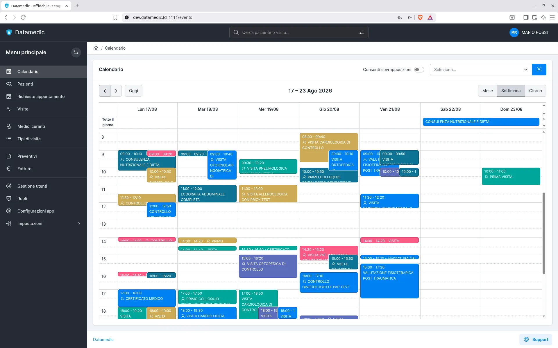 Vista settimanale dell'agenda di Datamedic con colori per operatore