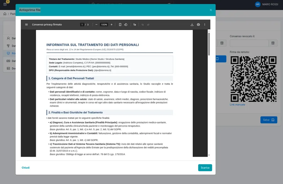 Come Datamedic gestisce la firma digitale del consenso privacy in studio: configurazione del documento, firma su tablet, consensi obbligatori e facoltativi, aggiornamento nel tempo.